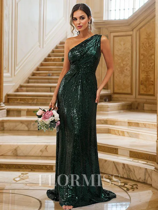 Sheath/Column Sequins Ruched One-Shoulder Sleeveless Sweep Train Bridesmaid Dresses