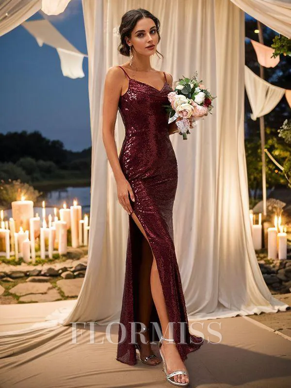 Sheath/Column Sequins Ruched Spaghetti Straps Sleeveless Floor-Length Bridesmaid Dresses