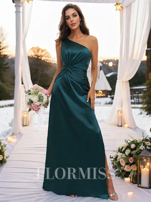 Sheath/Column Silk Like Satin Ruched One-Shoulder Sleeveless Floor-Length Bridesmaid Dresses