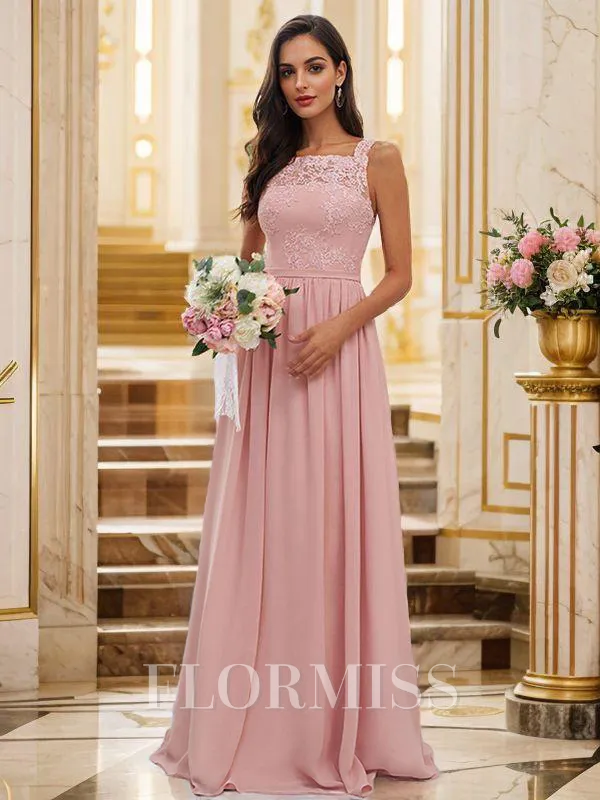 A-Line/Princess Chiffon Applique Square Sleeveless Floor-Length Bridesmaid Dresses