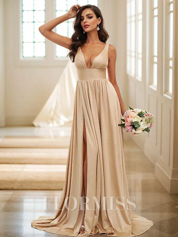 A-Line/Princess Jersey Ruffles V-neck Sleeveless Sweep Train Bridesmaid Dresses