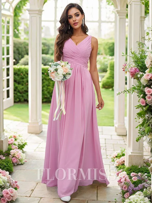A-Line/Princess Chiffon Ruffles V-neck Sleeveless Floor-Length Bridesmaid Dresses