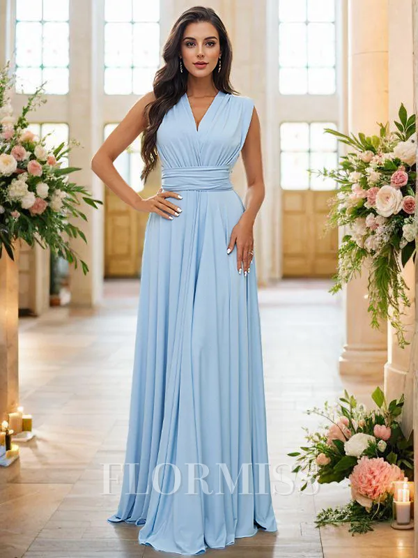 A-Line/Princess Jersey Ruffles V-neck Sleeveless Floor-Length Bridesmaid Dresses