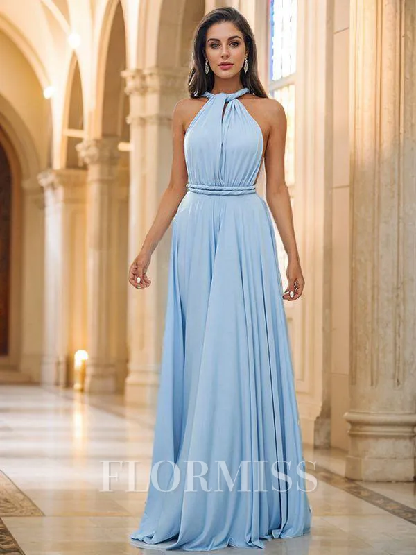 A-Line/Princess Jersey Ruffles Halter Sleeveless Floor-Length Bridesmaid Dresses
