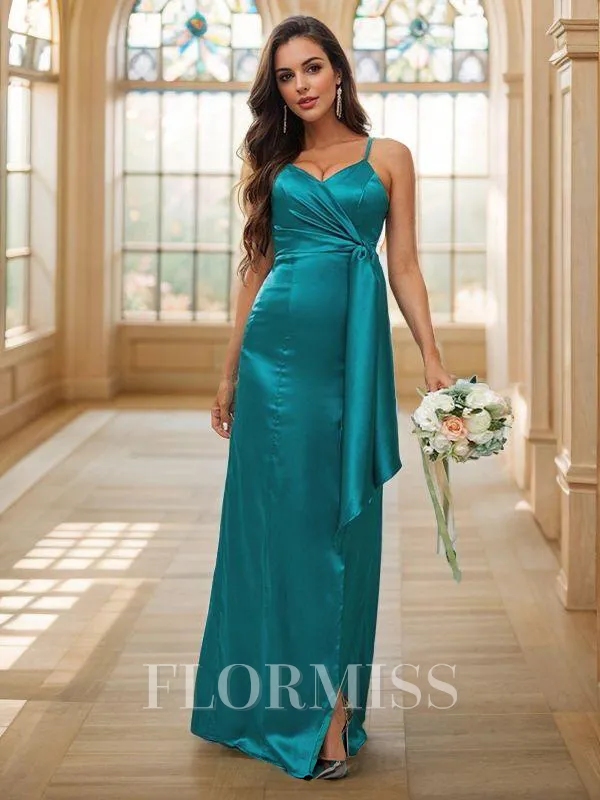 A-Line/Princess Silk Like Satin Ruched Spaghetti Straps Sleeveless Floor-Length Bridesmaid Dresses