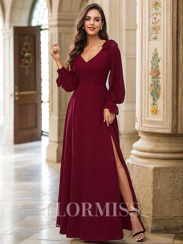A-Line/Princess Chiffon Bowknot V-neck Long Sleeves Floor-Length Bridesmaid Dresses