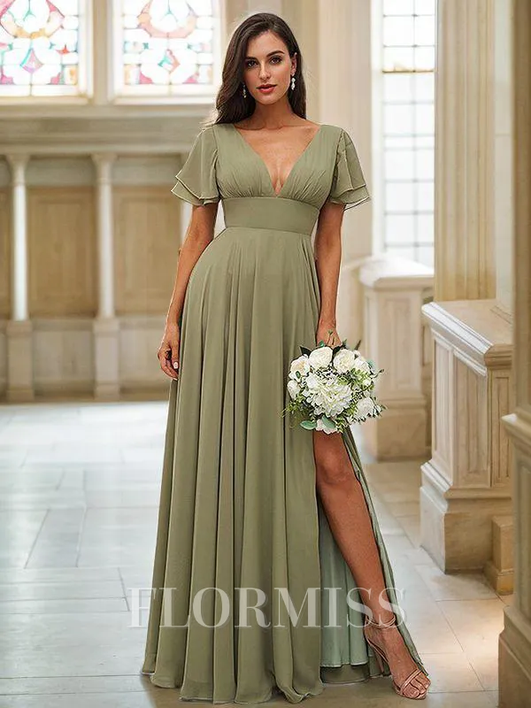 A-Line/Princess Chiffon Ruffles V-neck Short Sleeves Floor-Length Bridesmaid Dresses