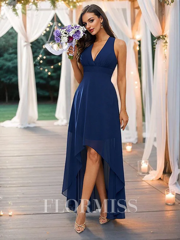 A-Line/Princess Chiffon Ruffles V-neck Sleeveless Asymmetrical Bridesmaid Dresses
