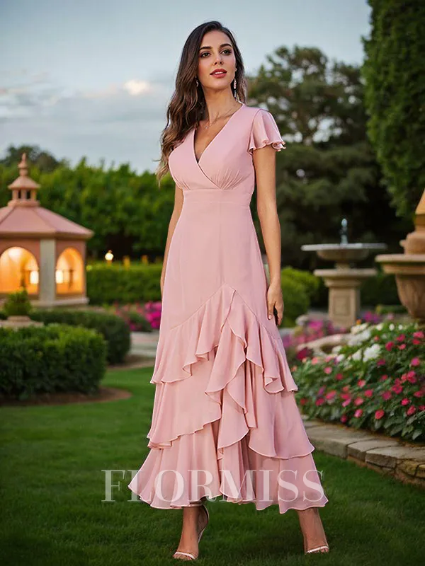 A-Line/Princess Chiffon Ruched V-Neck Short Sleeves Ankle-Length Bridesmaid Dresses