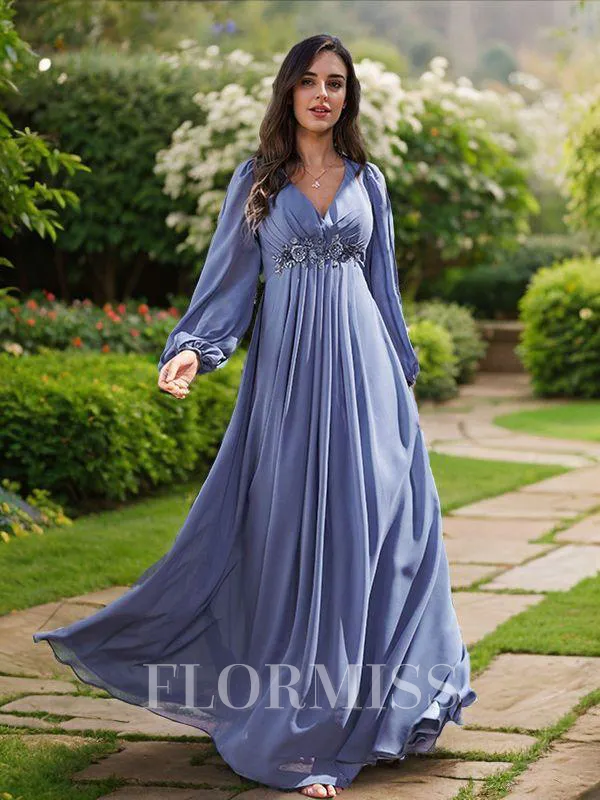 A-Line/Princess Chiffon Applique V-neck Long Sleeves Floor-Length Bridesmaid Dresses