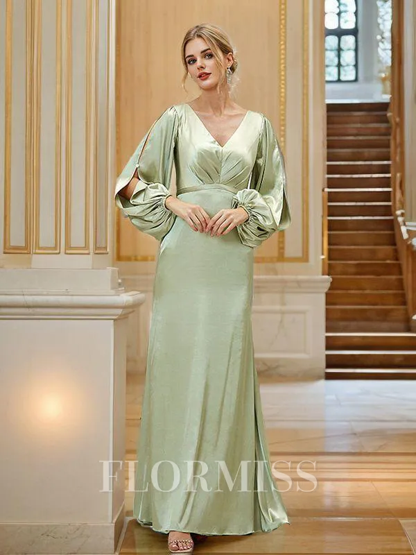 Sheath/Column Silk like Satin Ruched V-neck Long Sleeves Floor-Length Bridesmaid Dresses