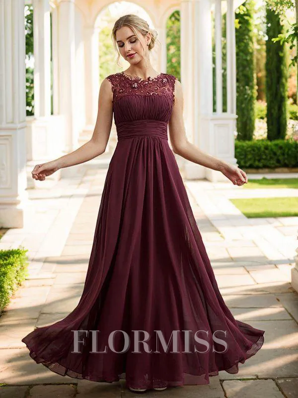 A-Line/Princess Chiffon Lace Scoop Sleeveless Floor-Length Bridesmaid Dresses