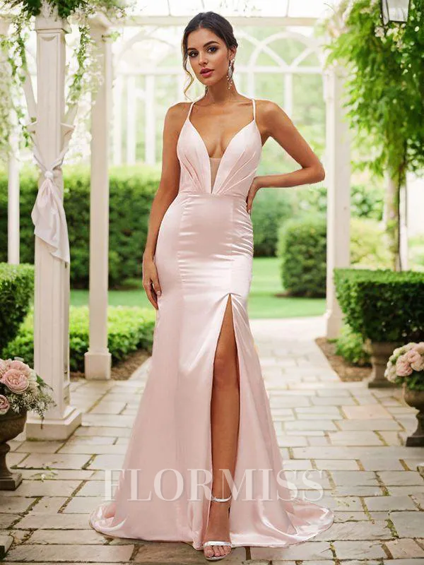 Sheath/Column Silk like Satin Ruched V-neck Sleeveless Sweep Train Bridesmaid Dresses