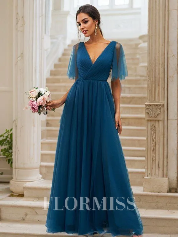 A-Line/Princess Tulle Ruffles V-neck Short Sleeves Floor-Length Bridesmaid Dresses