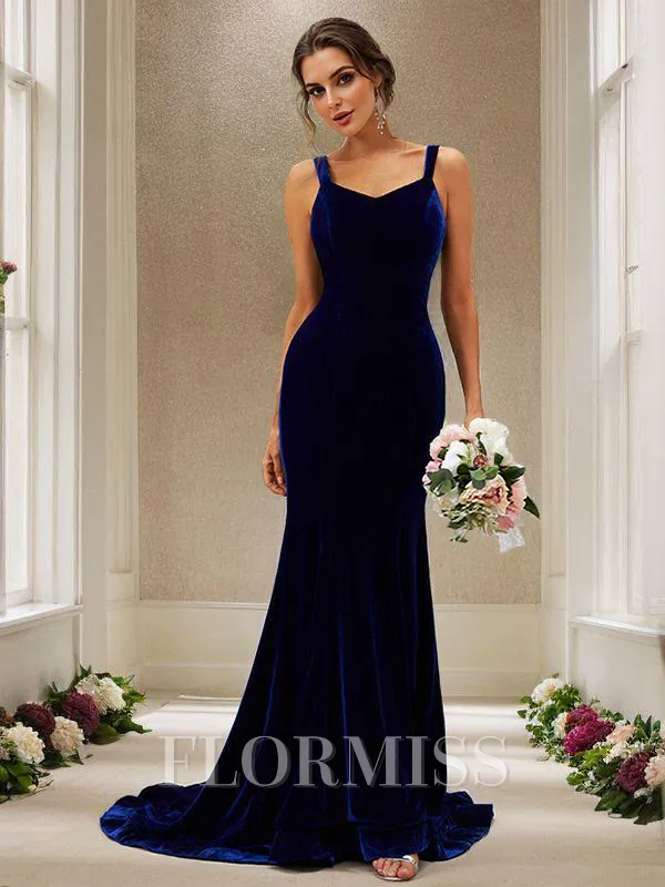 Trumpet/Mermaid Velvet Ruffles Straps Sleeveless Sweep Train Bridesmaid Dresses