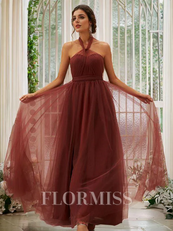 A-Line/Princess Tulle Ruffles Halter Sleeveless Floor-Length Bridesmaid Dresses