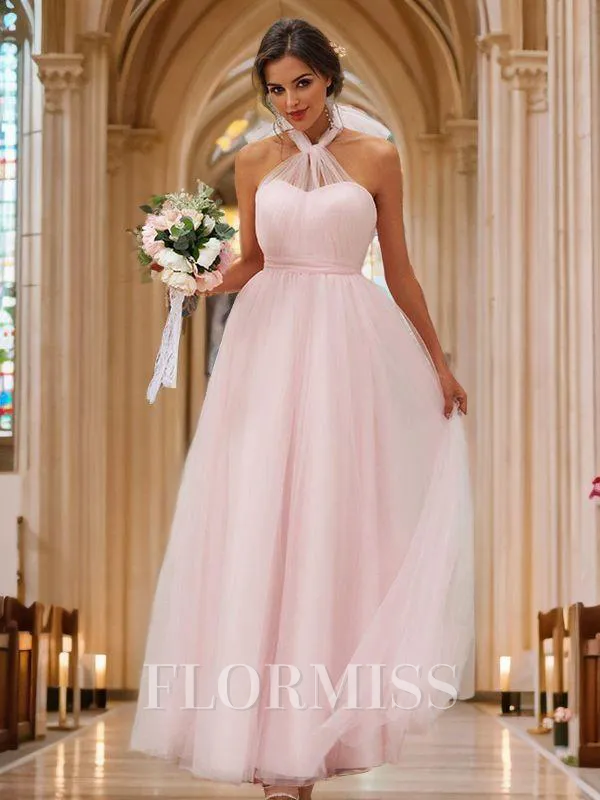 A-Line/Princess Tulle Ruffles Halter Sleeveless Floor-Length Bridesmaid Dresses