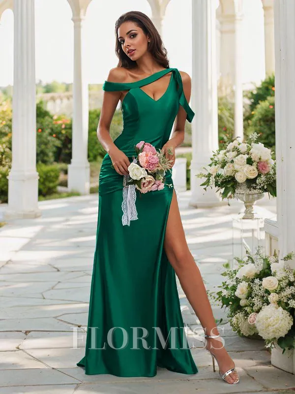 Sheath/Column Polyester Ruched Off-the-Shoulder Sleeveless Sweep Train Bridesmaid Dresses