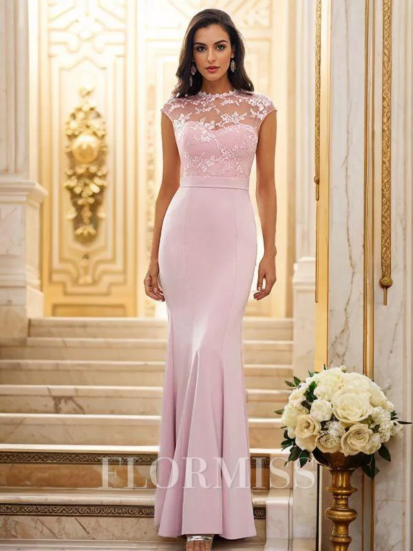 Trumpet/Mermaid Stretch Crepe Applique High Neck Sleeveless Floor-Length Bridesmaid Dresses