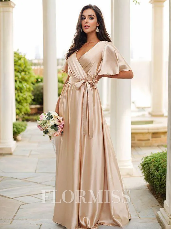 A-Line/Princess Silk like Satin Sash/Ribbon/Belt V-neck Short Sleeves Floor-Length Bridesmaid Dresses