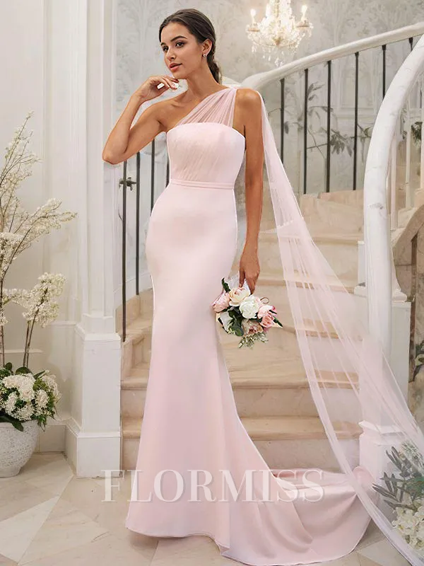 Sheath/Column Stretch Crepe Ruched One-Shoulder Sleeveless Sweep Train Bridesmaid Dresses
