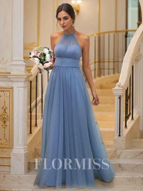 A-Line/Princess Tulle Ruched Halter Sleeveless Floor-Length Bridesmaid Dresses
