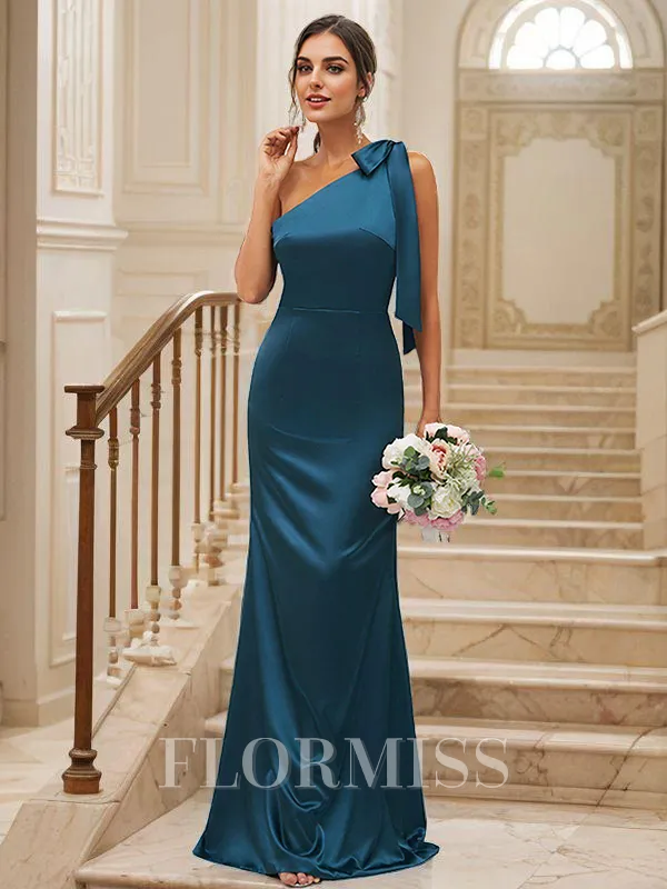 Sheath/Column Silk like Satin Bowknot One-Shoulder Sleeveless Floor-Length Bridesmaid Dresses