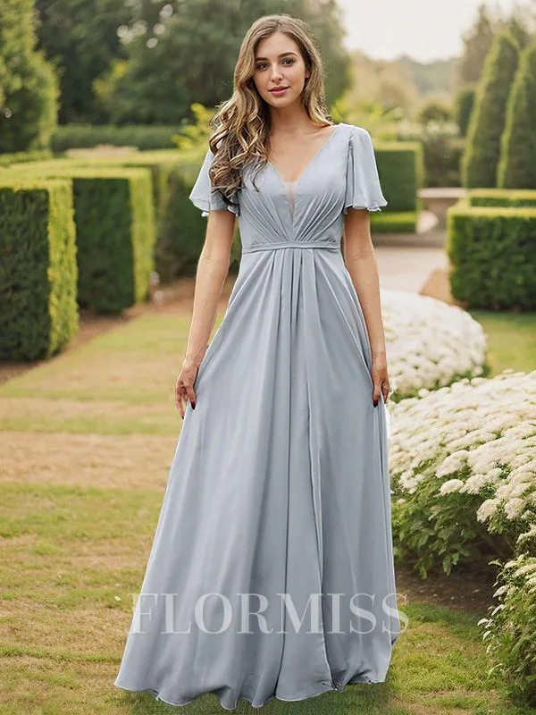 A-Line/Princess Chiffon Ruffles V-neck Short Sleeves Floor-Length Bridesmaid Dresses