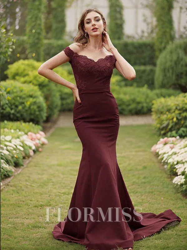 Sheath/Column Stretch Crepe Applique Off-the-Shoulder Sleeveless Sweep Train Bridesmaid Dresses