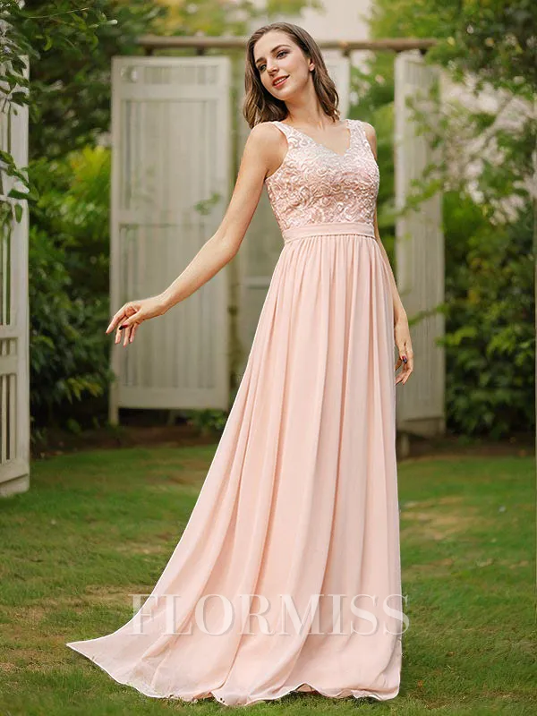 A-Line/Princess Chiffon Lace V-neck Sleeveless Floor-Length Bridesmaid Dresses