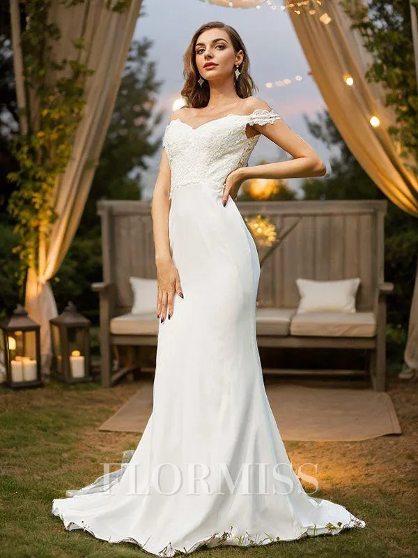 A-Line/Princess Charmeuse Lace Off-the-Shoulder Sleeveless Sweep Train Bridesmaid Dresses