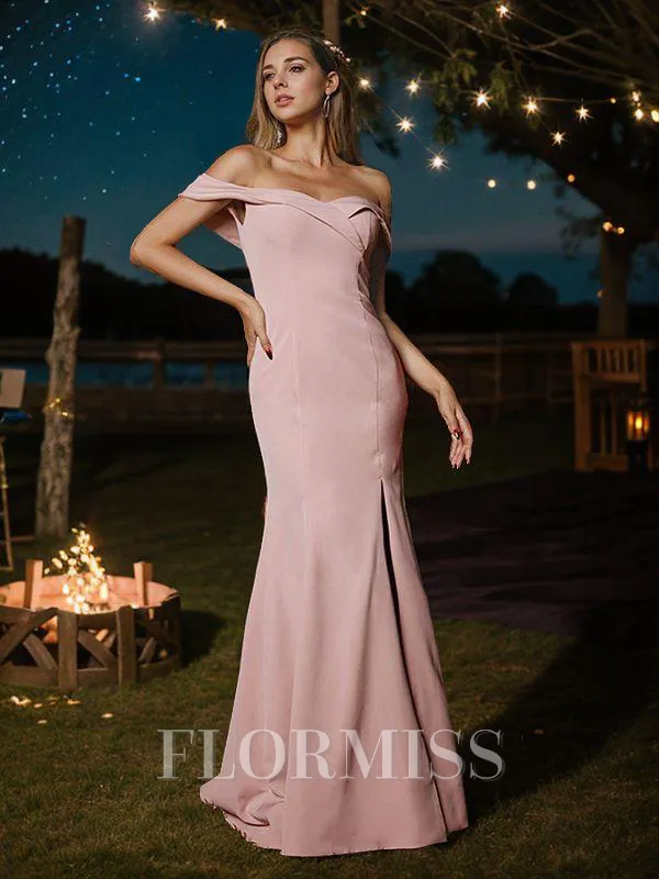 Sheath/Column Stretch Crepe Ruffles Off-the-Shoulder Sleeveless Sweep Train Bridesmaid Dresses