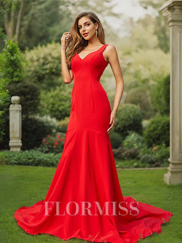 Sheath/Column Stretch Crepe Ruffles V-neck Sleeveless Sweep Train Bridesmaid Dresses