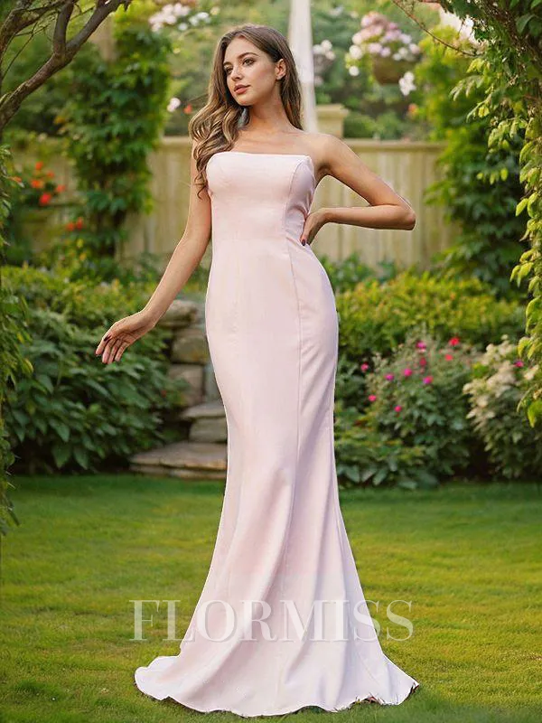Sheath/Column Stretch Crepe Ruched Strapless Sleeveless Sweep Train Bridesmaid Dresses