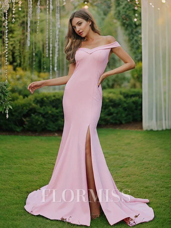 Sheath/Column Stretch Crepe Ruched Off-the-Shoulder Sleeveless Sweep Train Bridesmaid Dresses