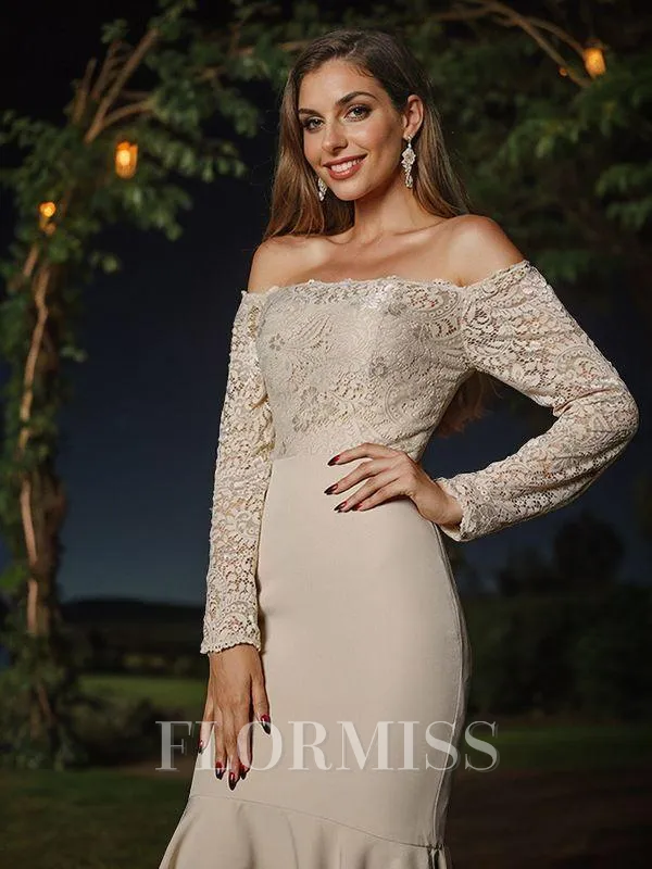 Trumpet/Mermaid Stretch Crepe Lace Off-the-Shoulder Long Sleeves Asymmetrical Bridesmaid Dresses