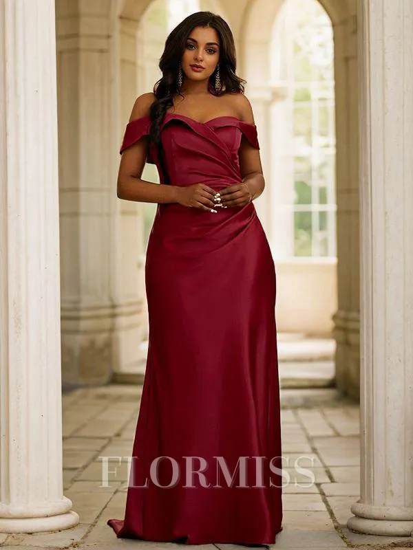 Sheath/Column Satin Ruched Off-the-Shoulder Sleeveless Sweep Train Bridesmaid Dresses