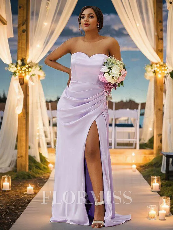 Sheath/Column Silk like Satin Ruched Sweetheart Sleeveless Sweep Train Bridesmaid Dresses