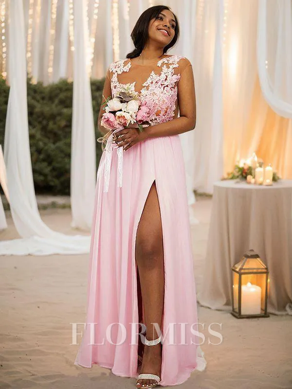 A-Line/Princess Chiffon Applique Scoop Sleeveless Floor-Length Bridesmaid Dresses
