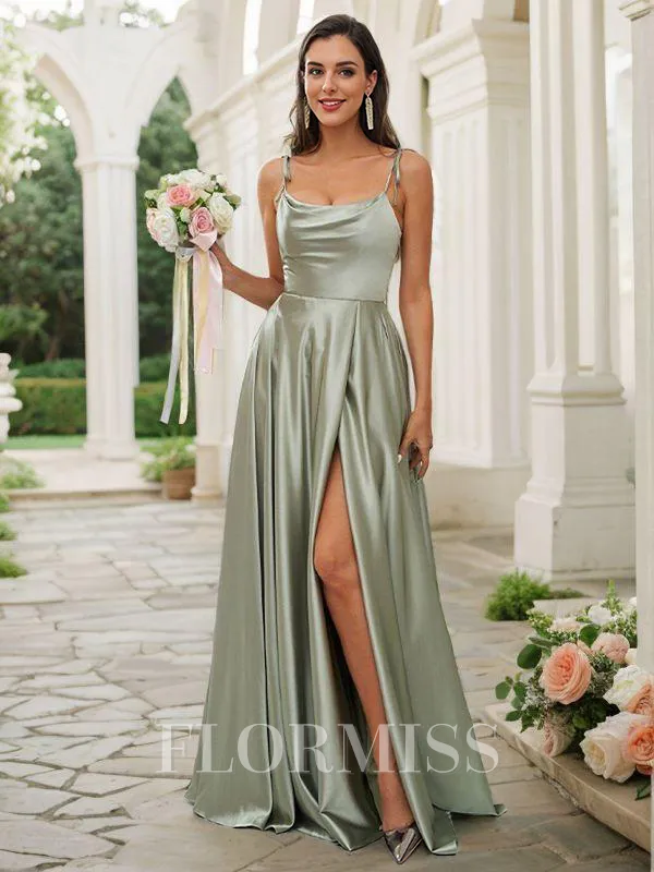 A-Line/Princess Silk like Satin Ruffles Spaghetti Straps Sleeveless Sweep Train Bridesmaid Dresses