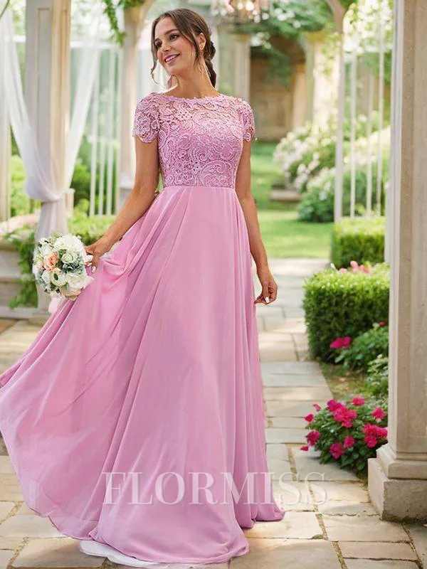 A-Line/Princess Chiffon Lace Scoop Short Sleeves Floor-Length Bridesmaid Dresses