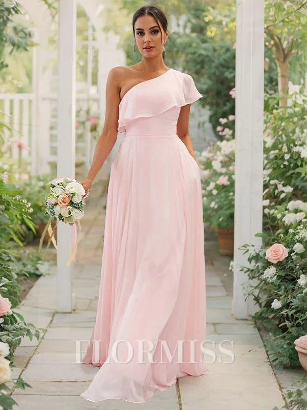 A-Line/Princess Chiffon Ruffles One-Shoulder Sleeveless Floor-Length Bridesmaid Dresses