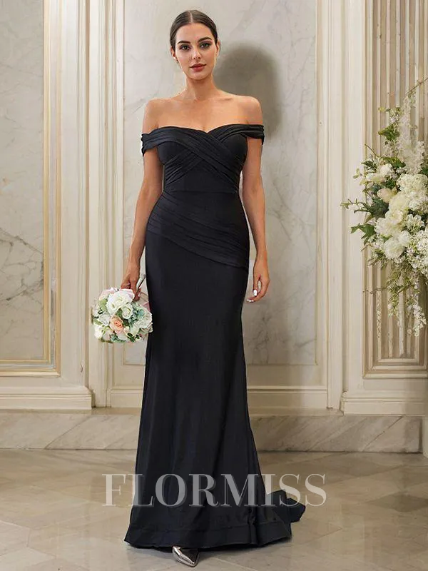 Sheath/Column Jersey Ruched Off-the-Shoulder Sleeveless Sweep Train Bridesmaid Dresses