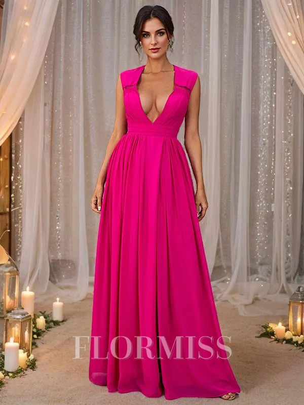 A-Line/Princess Chiffon Ruffles V-neck Sleeveless Floor-Length Bridesmaid Dresses