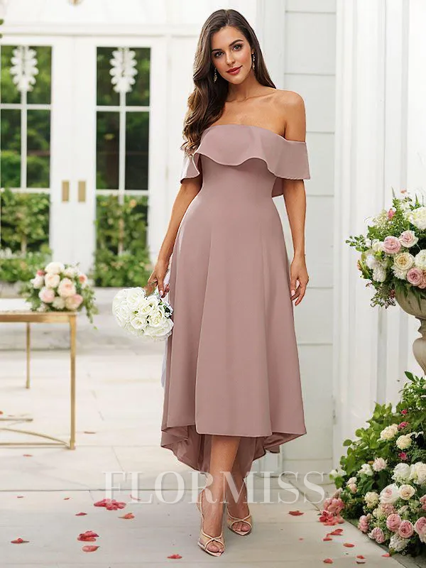 A-Line/Princess Stretch Crepe Ruffles Off-the-Shoulder Sleeveless Asymmetrical Bridesmaid Dresses