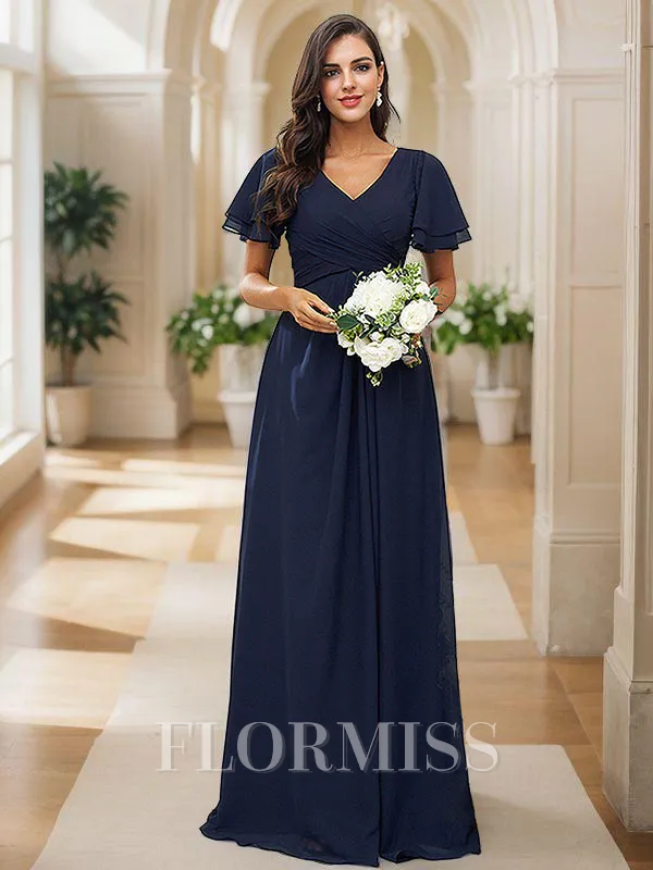 A-Line/Princess Chiffon Ruffles V-neck Short Sleeves Floor-Length Bridesmaid Dresses