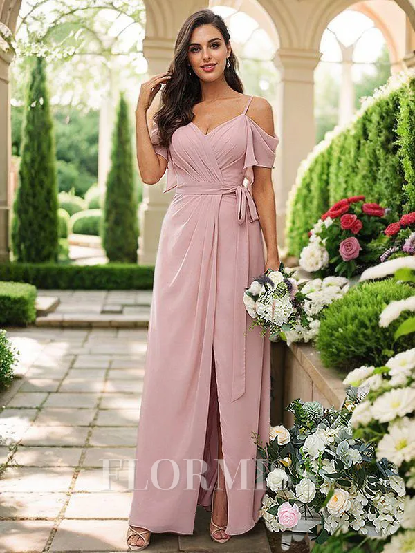 A-Line/Princess Chiffon Ruched V-neck Short Sleeves Floor-Length Bridesmaid Dresses
