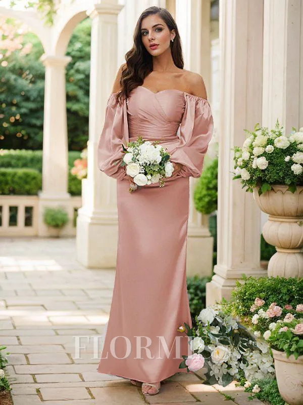 Sheath/Column Silk like Satin Ruched Off-the-Shoulder Long Sleeves Floor-Length Bridesmaid Dresses