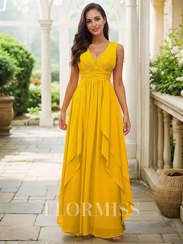 A-Line/Princess Chiffon Ruffles V-neck Sleeveless Floor-Length Bridesmaid Dresses