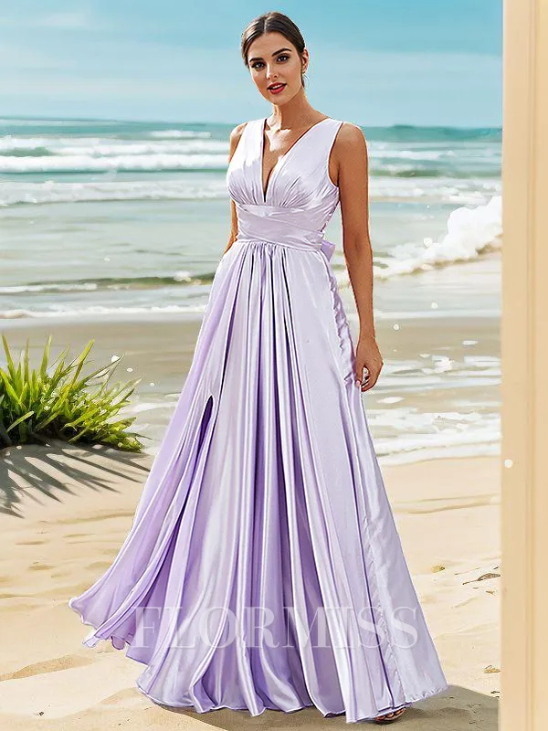 A-Line/Princess Silk like Satin Ruffles V-neck Sleeveless Floor-Length Bridesmaid Dresses